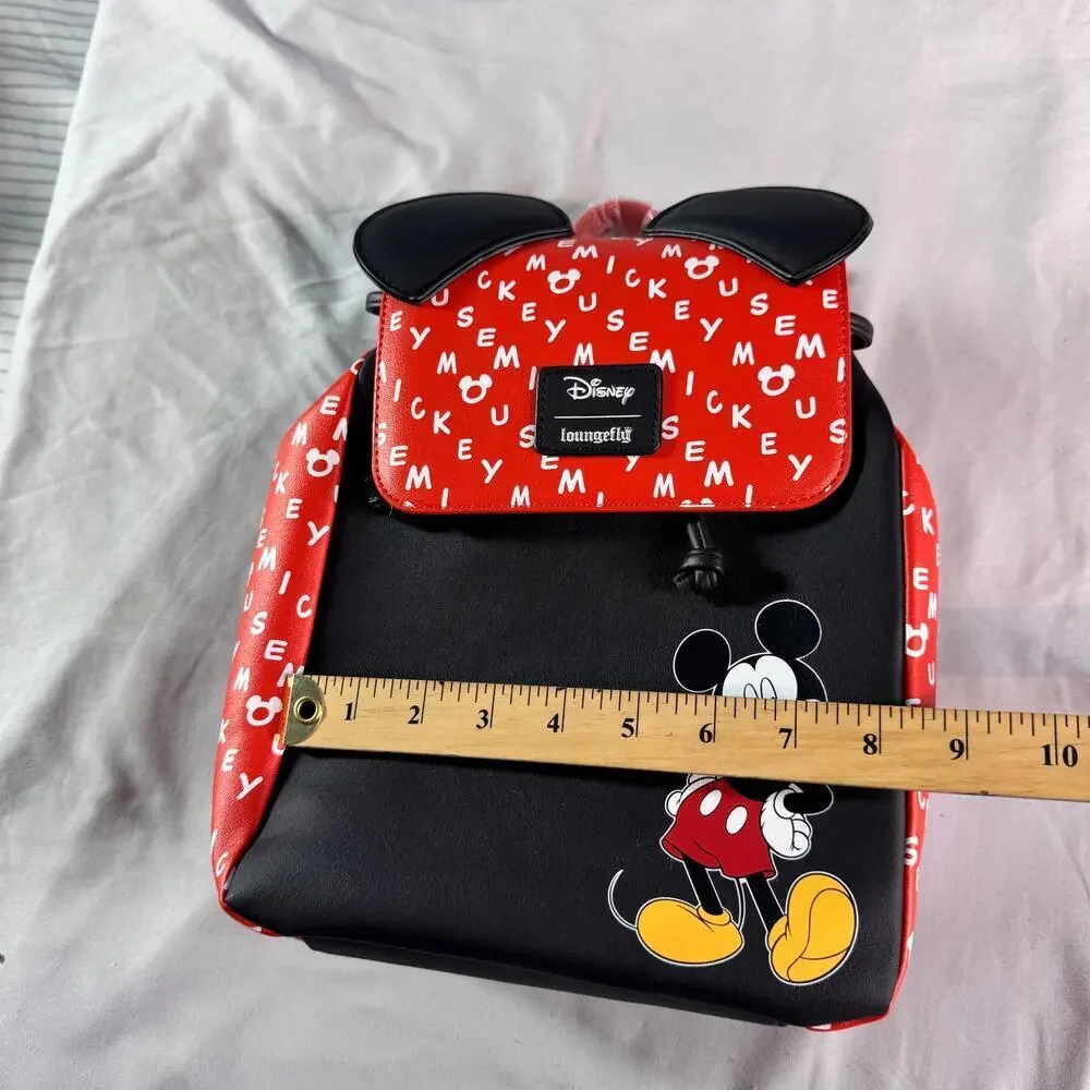 Loungefly Disney Mickey Mouse Mini Backpack Red Black Ears Logo Print NWT
